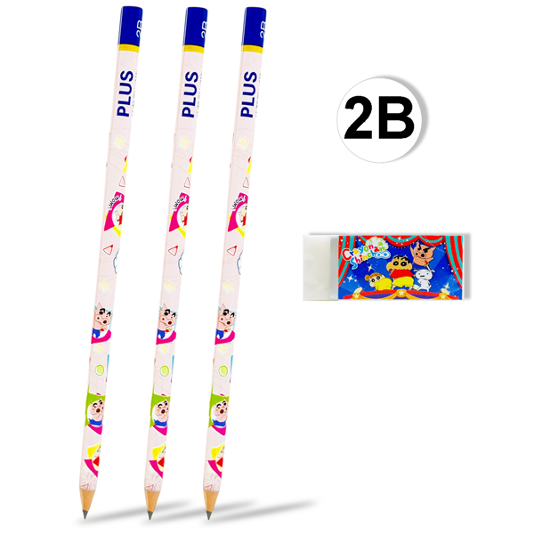 Bộ 3 Bút Chì 2B + Gôm Crayon Shinchan - Plus 600-V029 - Màu Hồng