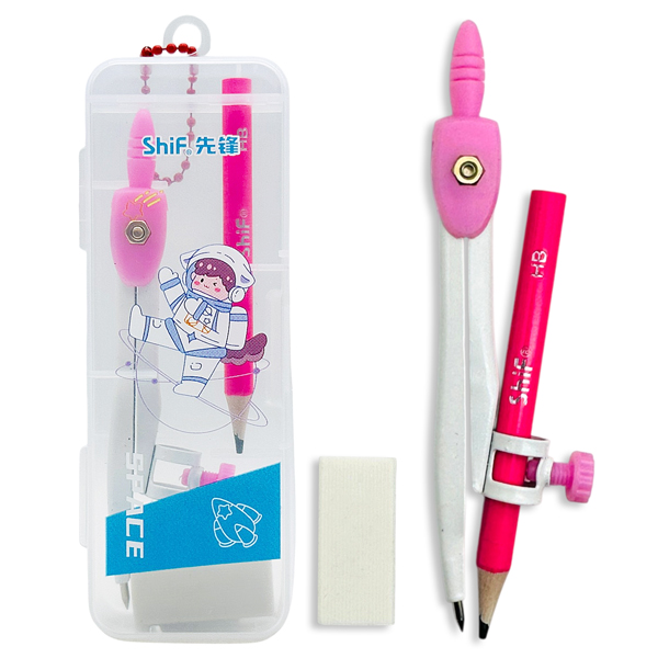 Bộ Compa 3 Món - Bút Chì Gỗ - ShiF 3156 - Màu Hồng