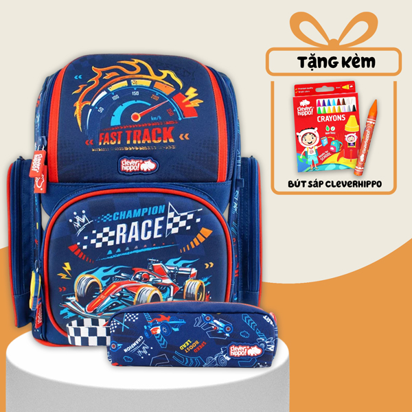 Combo Ba Lô Fancy + Bóp Viết Champion Race - Dash Blue Clever Hippo - Tiểu Học (Tặng Kèm Hộp 16 Bút Sáp Màu Colorful)