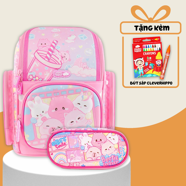 Combo Ba Lô Fancy + Bóp Viết Game Boba Bestie Forever Hippo - Tiểu Học (Tặng Kèm Hộp 16 Bút Sáp Màu Colorful)