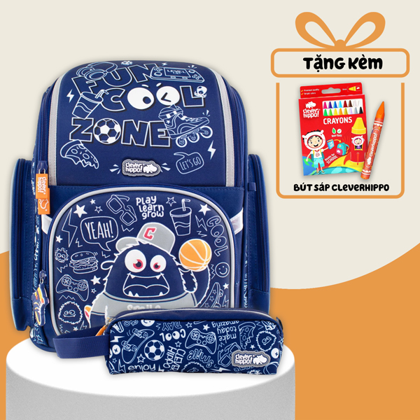 Combo Ba Lô Fancy + Bóp Viết Cool & Fun Clever Hippo - Tiểu Học (Tặng Kèm Hộp 16 Bút Sáp Màu Colorful)