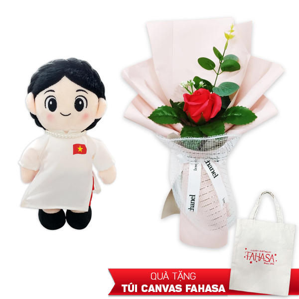 Bộ Quà Tặng - Gấu Bông Hậu Phương Áo Dài Trắng, Hoa (Quà Tặng Túi Trắng)