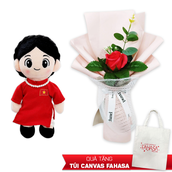 Bộ Quà Tặng - Gấu Bông Hậu Phương Áo Dài Đỏ, Hoa (Quà Tặng Túi Trắng)