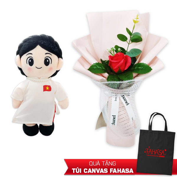 Bộ Quà Tặng - Gấu Bông Hậu Phương Áo Dài Trắng, Hoa (Quà Tặng Túi Trắng)