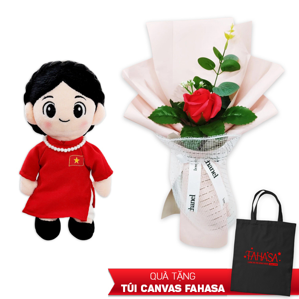 Bộ Quà Tặng - Gấu Bông Hậu Phương Áo Dài Trắng, Hoa (Quà Tặng Túi Trắng)