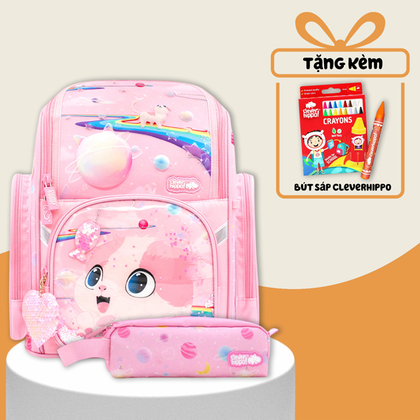 Combo Ba Lô Fancy + Bóp Viết Kitty Pinky Clever Hippo - Tiểu Học (Tặng Kèm Hộp 16 Bút Sáp Màu Colorful)