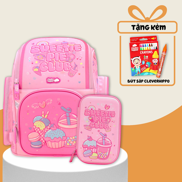 Combo Ba Lô Fancy + Bóp Viết Sweetie Pie Club Clever Hippo - Tiểu Học (Tặng Kèm Hộp 16 Bút Sáp Màu Colorful)