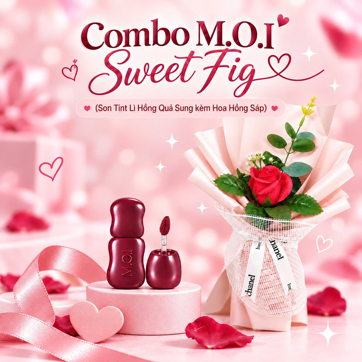 Combo M.O.I Sweet Fig (Son Tint Lì Hồng Quả Sung kèm Hoa Hồng Sáp