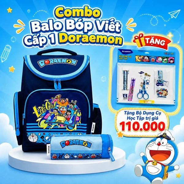 Combo Ba Lô Bóp Viết Cấp 1 Doraemon (Tặng Bộ Dụng Cụ Học Tập)