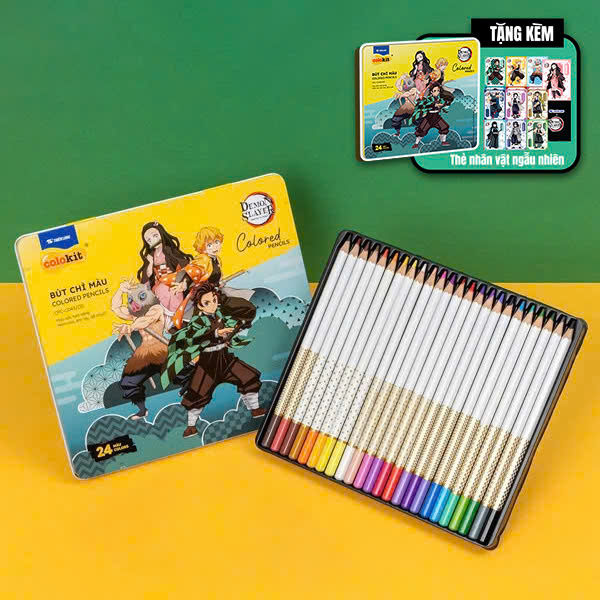 Hộp 24 Bút Chì Màu Thanh Gươm Diệt Quỷ - Colokit CPC-C043/DS - Hộp Thiếc - Tặng Bộ Thẻ Photocard Demon Slayer 