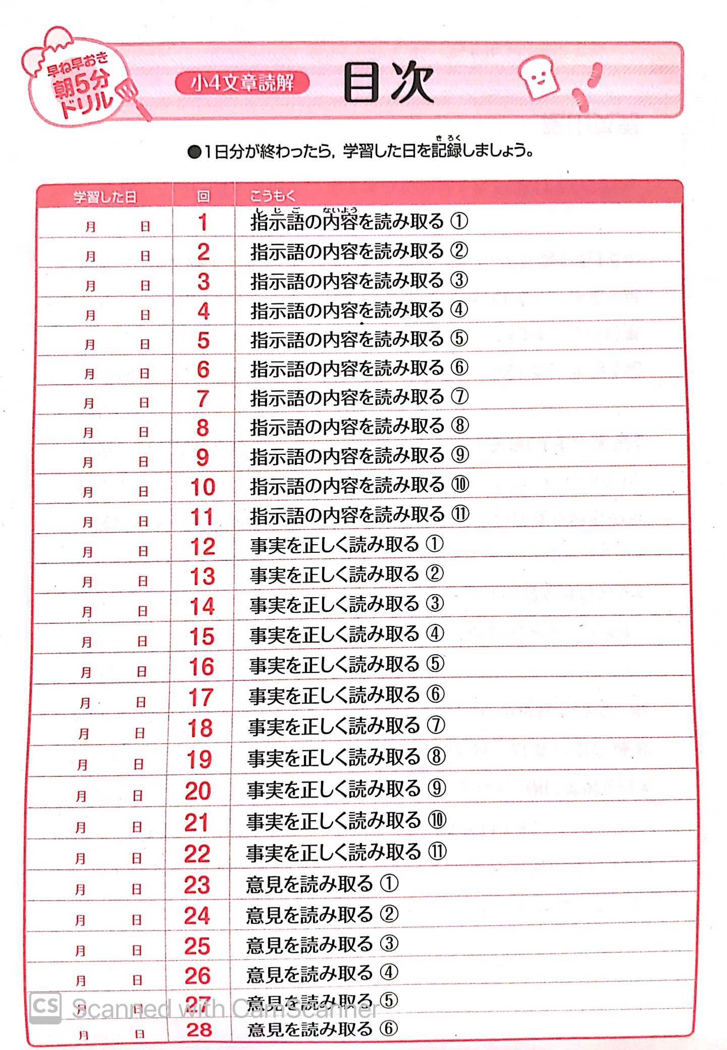 小4 文章読解 (早ね早おき朝5分ドリル) HAYA NE HAYA OKI ASA GO FUN 